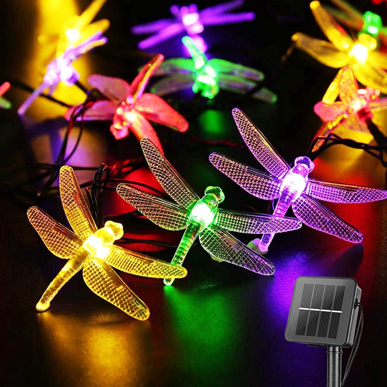 SolarGlow Dragonfly String Lights Outdoor 25.6FT 30 LED Solar Powered Waterproof Patio Garden Fairy Lights Multicolor
